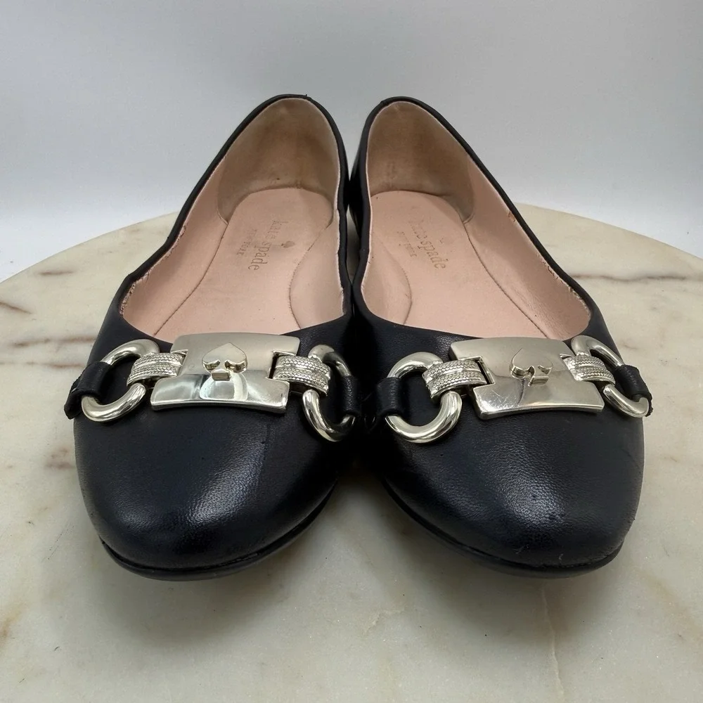 Kate Spade Payton Ballet Flats Black Leather Silver Logo Size 6.5B Slip-On